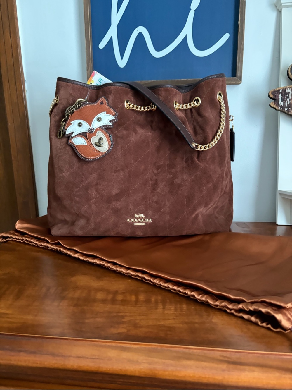 Coach Evelyn Suede Shoulder bag with Chala Fox Charm NWOT